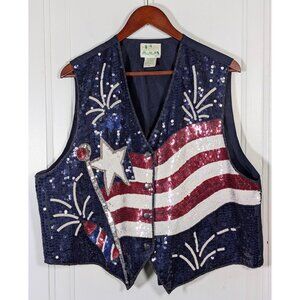 Quacker Factory Sequined Patriotic Vest Womens 1X XL USA American Flag July 4th